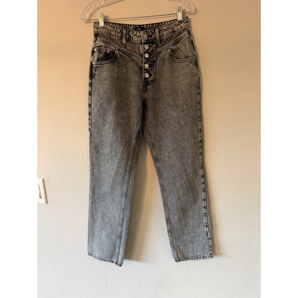 River Island Black acid wash Mom high rise jeans Button Fly Straight Leg Size 10